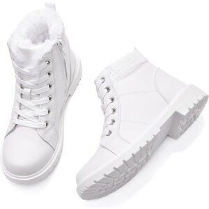 Uoidru Ankle Boots Women White Microfiber Black Winter Snow Lace Up Comfort Fuz